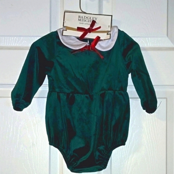 New Badgley Mischka Green Velvet Red Bow White Collar Onsie 9-12 Months - Picture 1 of 4